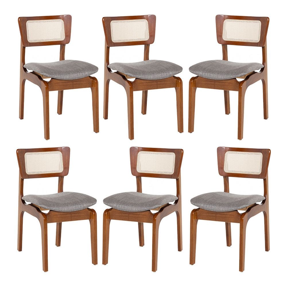 Kit 6 Cadeiras de Jantar em Madeira Imbuia com Tela Rattan Portugal Linho Cinza L55
