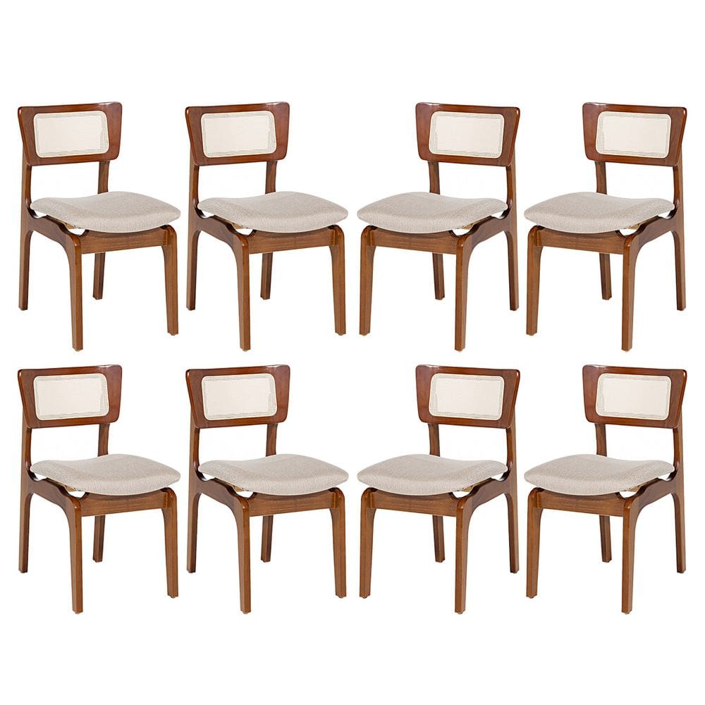 Kit 8 Cadeiras Portugal para Jantar em Madeira Imbuia Tela Rattan Linho Bege M58