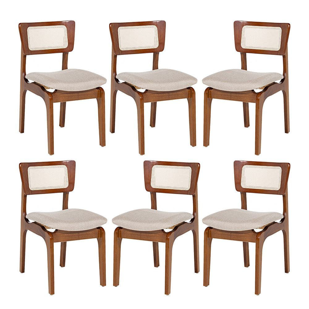 Kit 6 Cadeiras Portugal para Jantar em Madeira Imbuia Tela Rattan Linho Bege M58