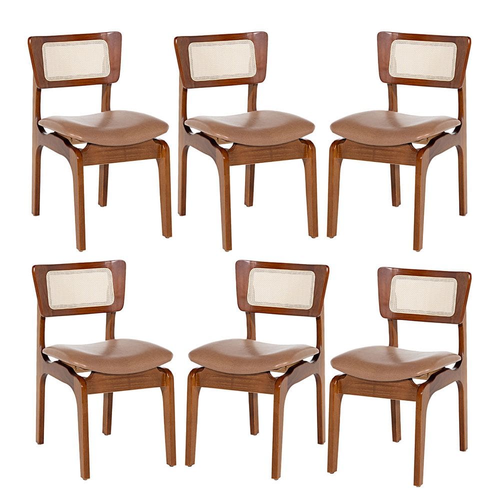 Kit 6 Cadeiras de Jantar Portugal Madeira Imbuia com Encosto Rattan Impermeável Caramelo L85