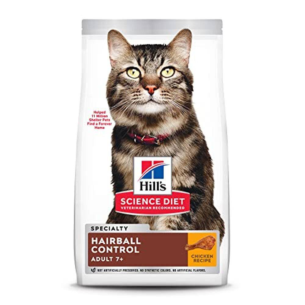 Hill`s Science Diet Dry Cat Food, Adulto 7+ para gatos idosos, Controle de bola de pelo, Receita de frango, saco de 7 lb