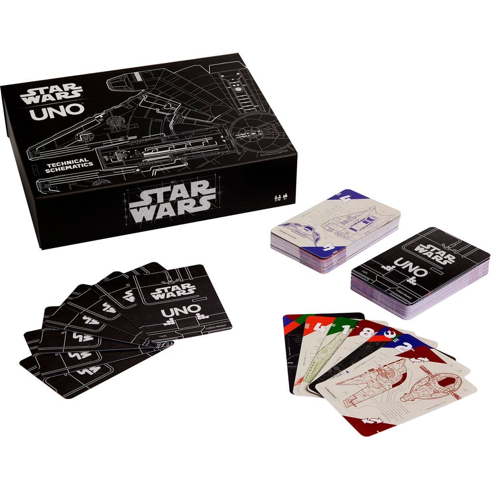Esquemas técnicos do jogo de cartas Mattel Games UNO Star Wars
