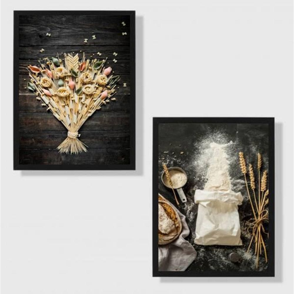 Kit 2 Quadros Cozinha Massas E Trigo 45X34Cm Moldura Preta