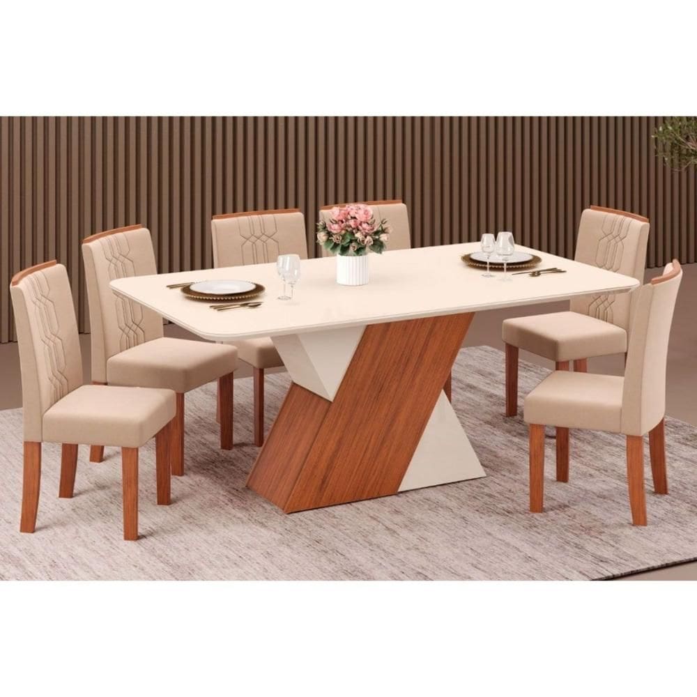 Conjunto: Mesa Sala Jantar Rubi Tampo Madeirado c/ Vidro Canto Reto 170x90cm e 6 Cadeiras Zoe Freijo/Off White/Off White - Suede Creme - DJ Móveis