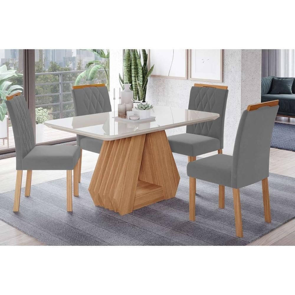 Conjunto: Mesa Sala Jantar Ágata Tampo Madeirado c/ Vidro 130x80cm e 4 Cadeiras Juliana Nature/Off White - Madeira/Linho Grafite - Cimol