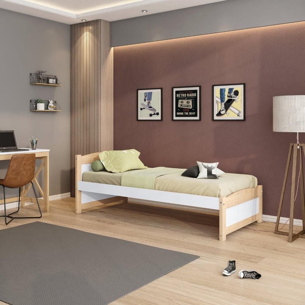 Cama Solteiro Madeira Maciça/MDF Teen Casatema Branco/Natural