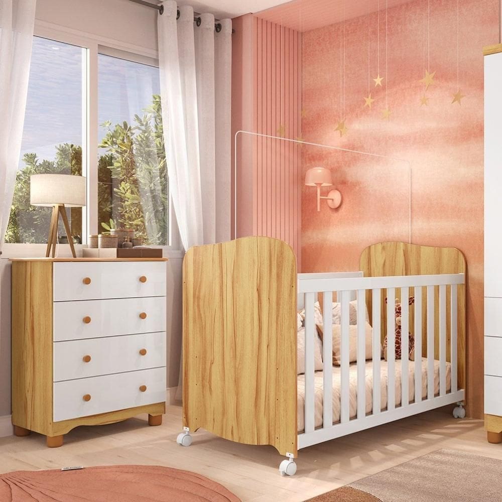 Quarto de Bebê Cômoda 4 Gavetas e Berço com Rodizio Mimo 100% MDF Espresso Móveis Branco Brilho/Amêndoa