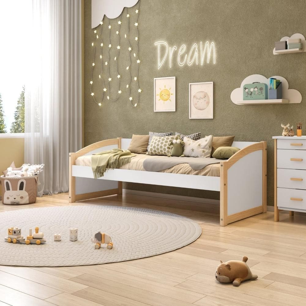 Cama Solteiro Babá Madeira Maciça/MDF Exclusive Casatema Branco/Natural