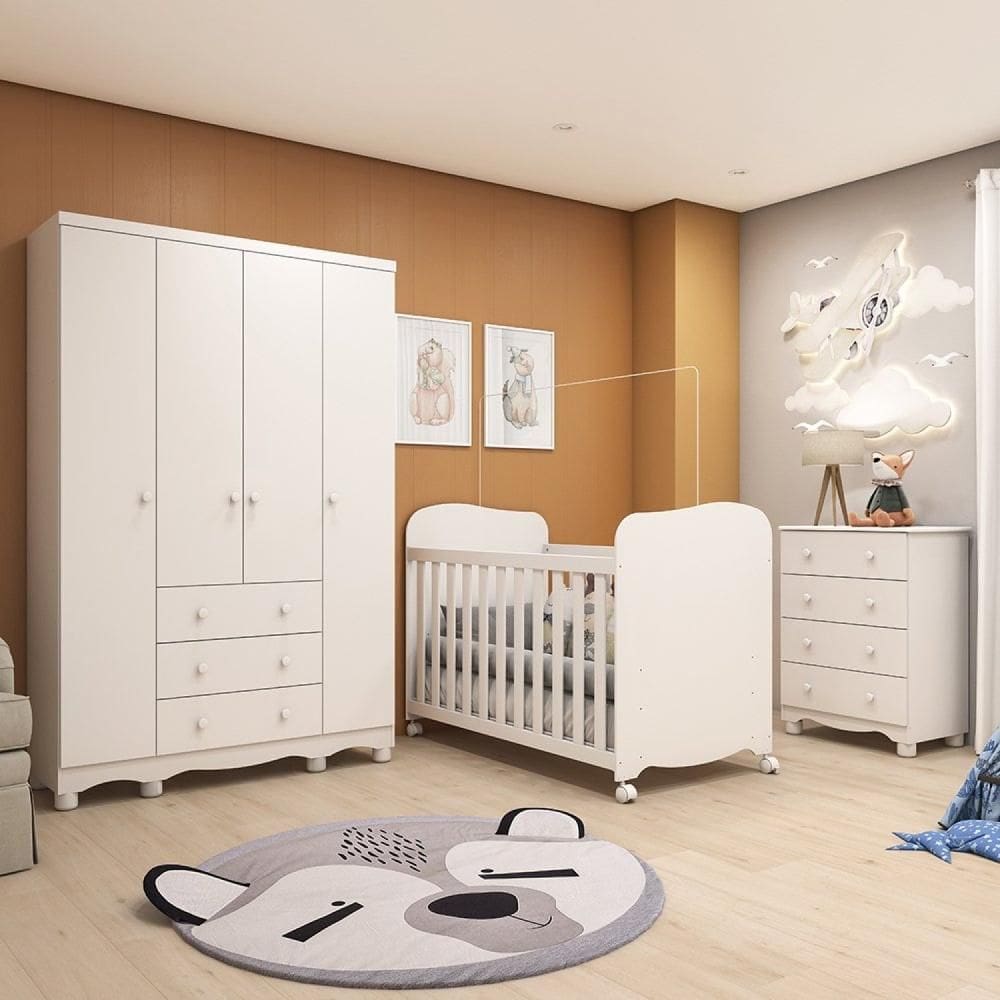 Quarto de Bebê com Guarda Roupas 4 Portas Cômoda e Berço com Rodizio Mimo 100% MDF Espresso Móveis Branco Brilho