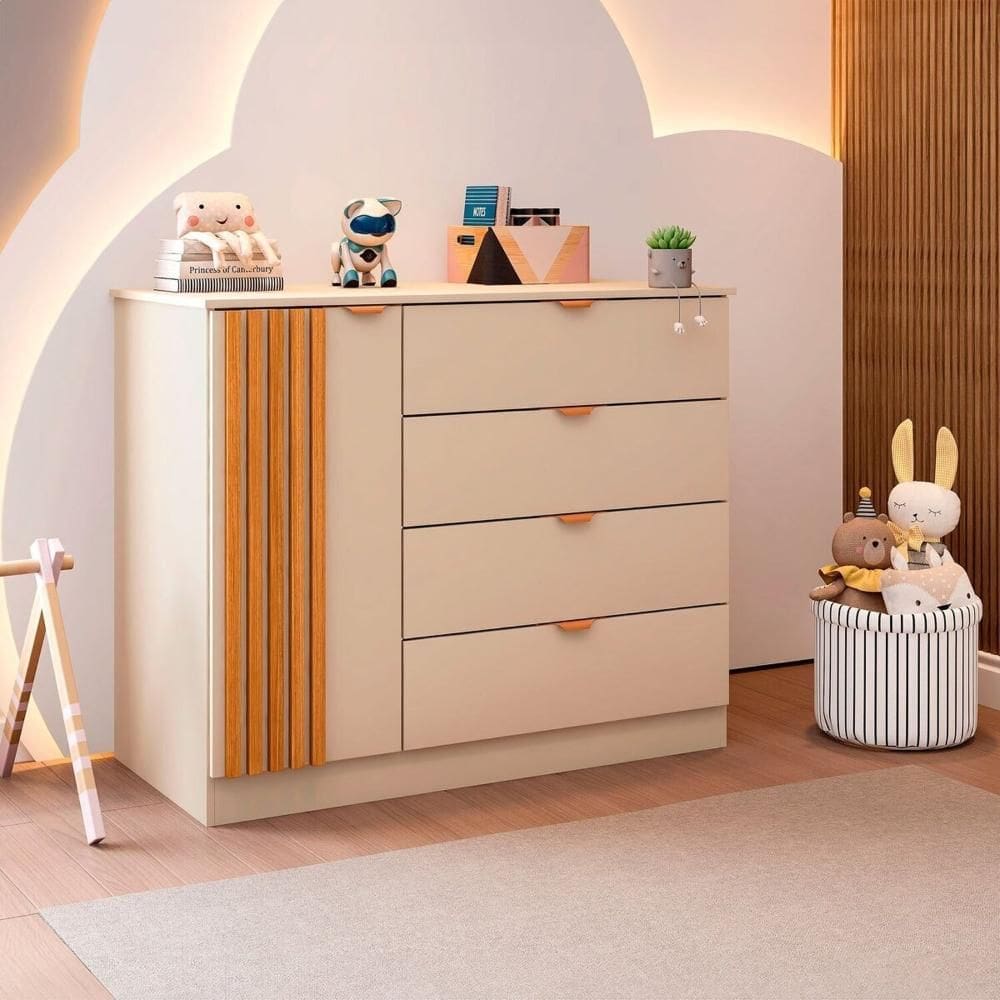 Cômoda Infantil Ayla 1 Porta 4 Gavetas 100% MDF Off White