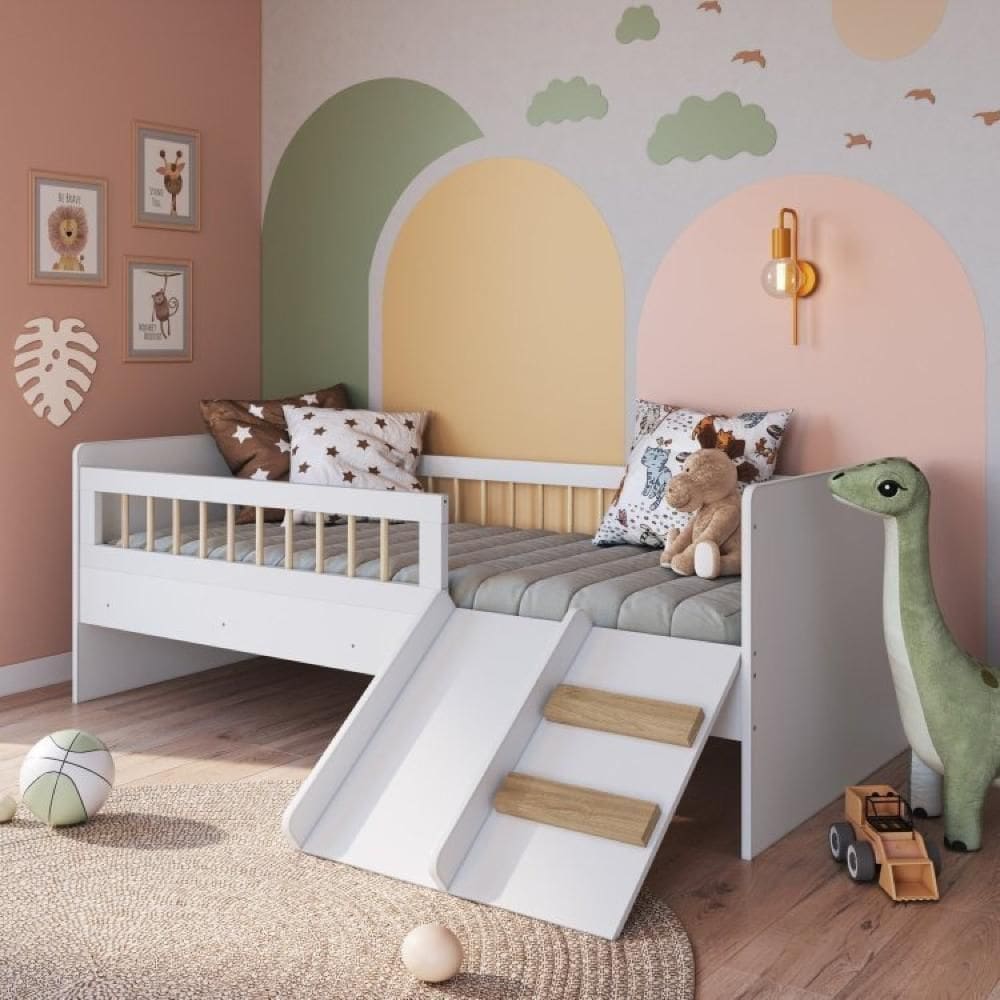 Cama Montessoriana de Solteiro com Escada e Escorrega Linha Affetto cor Branco com Colchão Incluso Branco