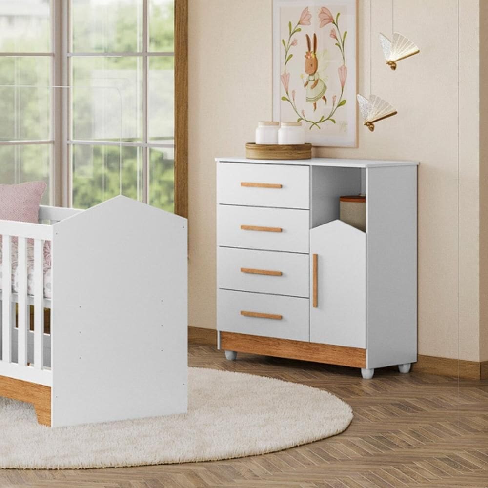 Cômoda de Bebê 100% MDF 1 porta 4 Gavetas Duda Branco/Amadeirado