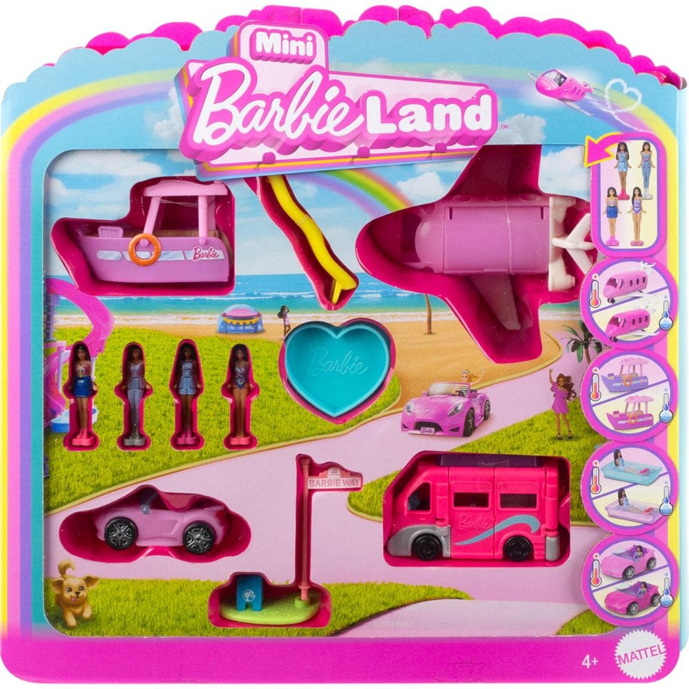 Conjunto de brinquedos Barbie Mini BarbieLand com 4 mini bonecas e 4 veículos