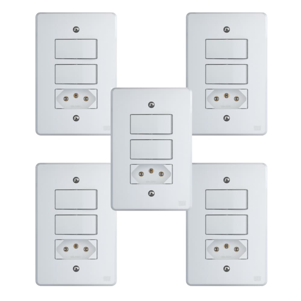 Kit Conjunto Interruptor 4x2 | 2 Teclas Simples 10A + 1 Tomada 10A 250V 5 peças