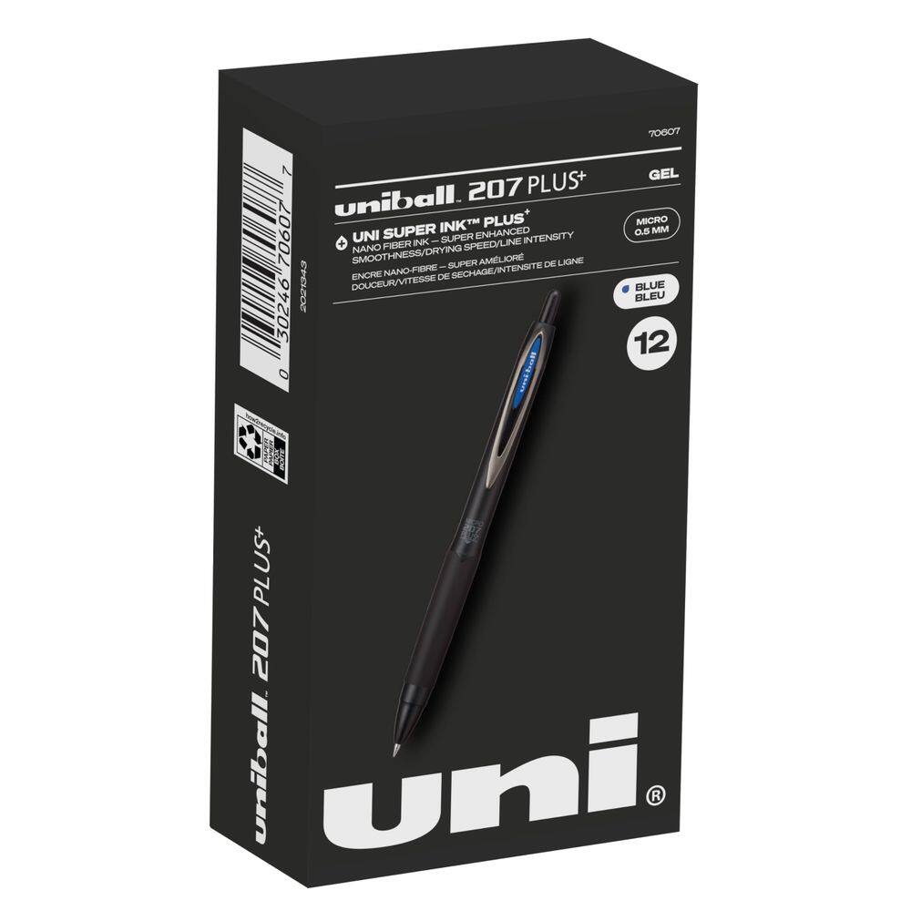Canetas de gel uni-ball 207 Plus+ retráteis de 0,5 mm azuis, pacote com 12