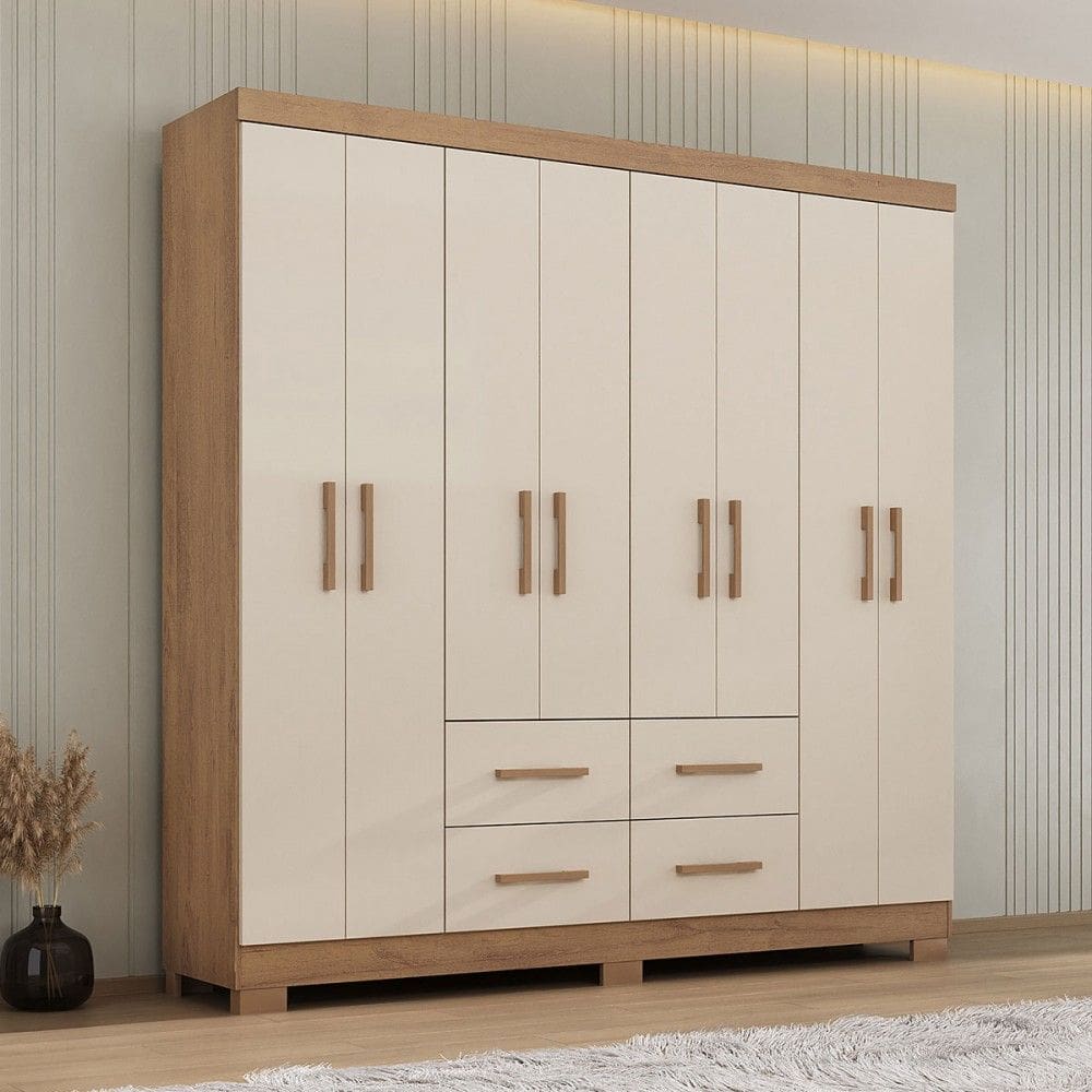 Guarda-Roupa Casal Itapema 8 Portas 4 Gavetas Canela/Rústico/Natural/Off White - Atualle Móveis