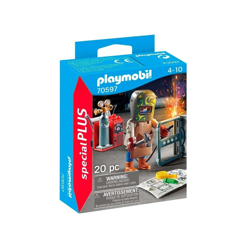 Soldador Toy Playmobil com ferramentas, mesa e equipamento de segurança
