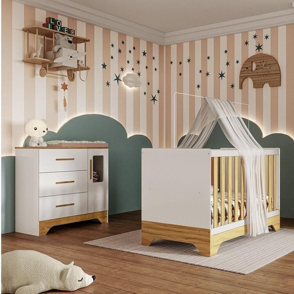 Quarto de Bebê Cômoda 1 Porta com Janela e Berço Minicama 100% Mdf Liam Espresso Móveis Branco Brilho/Amêndoa