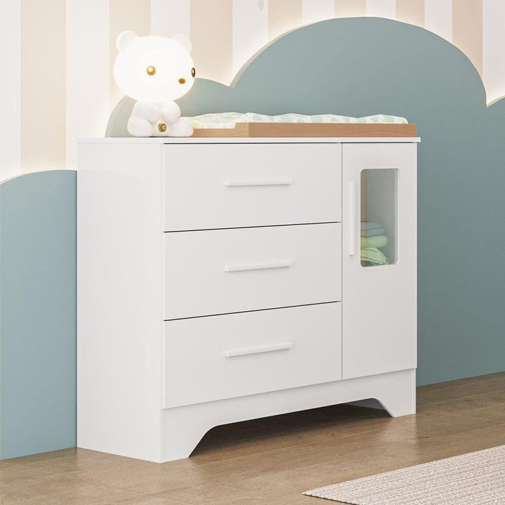 Cômoda Infantil 1 Porta com Janela Retangular e 3 Gavetas 100% Mdf Liam Branco Brilho