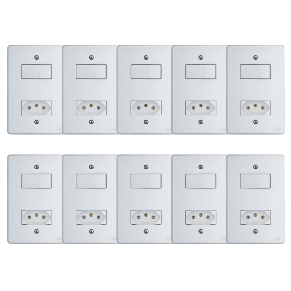 Kit Conjunto Interruptor 4x2 | 1 Tecla Simples 10A + 1 Tomada 10A 250V 10 peças