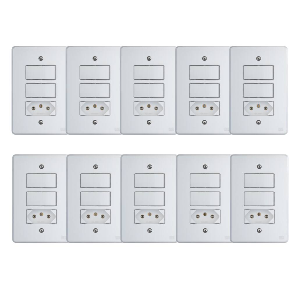 Kit Conjunto Interruptor 4x2 | 2 Teclas Simples 10A + 1 Tomada 10A 250V 10 peças