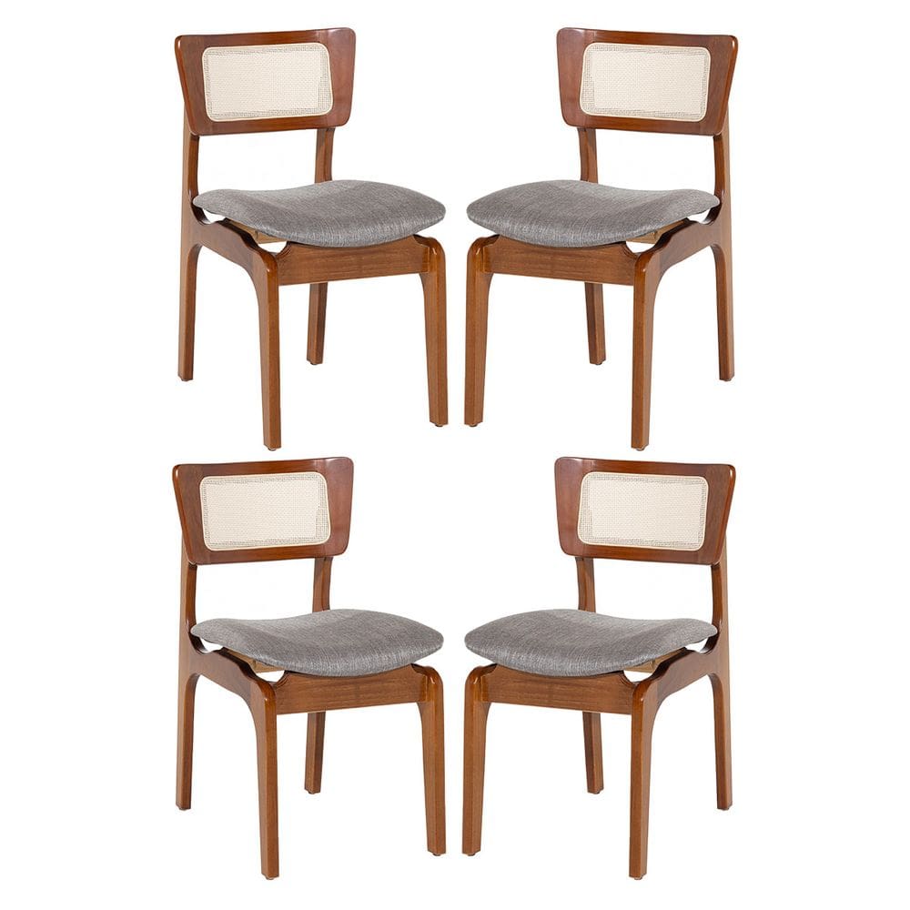 Kit 4 Cadeiras de Jantar Portugal Madeira Imbuia com Encosto Tela Rattan Linho Cinza L55