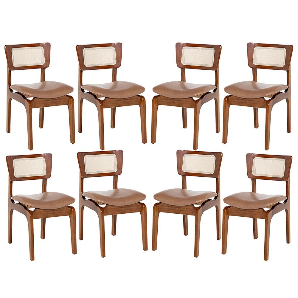 Kit 8 Cadeiras de Jantar Portugal em Madeira Imbuia com Tela Rattan Impermeável Caramelo L85