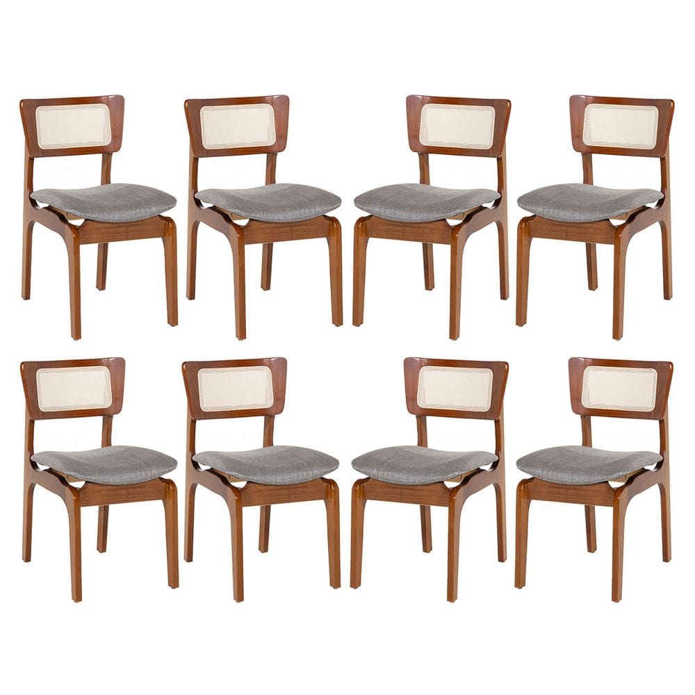 Kit 8 Cadeiras de Jantar Portugal Madeira Imbuia com Encosto Tela Rattan Linho Cinza L55