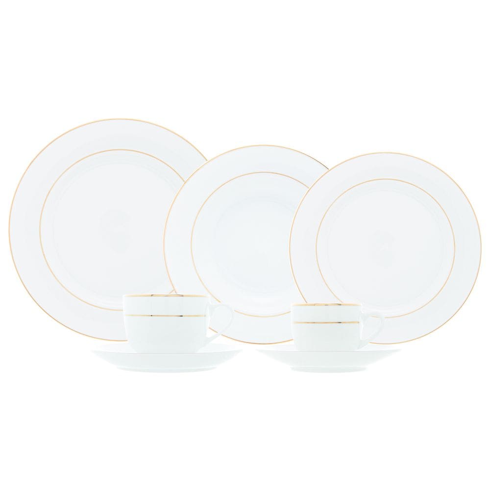 Aparelho de Jantar/Chá e Café 42 Peças de Porcelana Branca C/Filete Dourado Mônaco Wolff