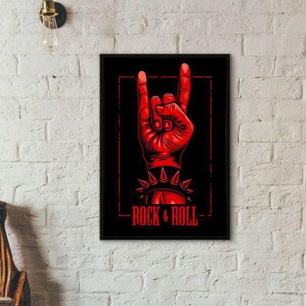 Quadro Símbolo Mão Do Rock Roll 45X34Cm Moldura Preta