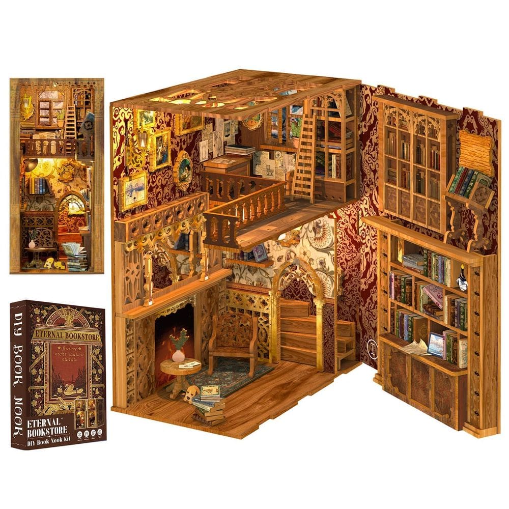 Kit Book Nook Suportes para livros de quebra-cabeça de madeira Cutefun com luzes LED