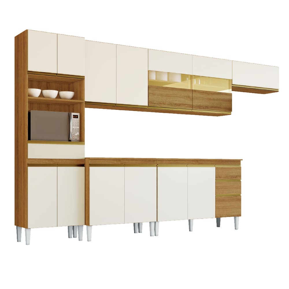 Armário de Cozinha Completa com Balcão e Nicho para Micro-ondas 14 Portas 3 Gavetas Clara Atacama / Branco