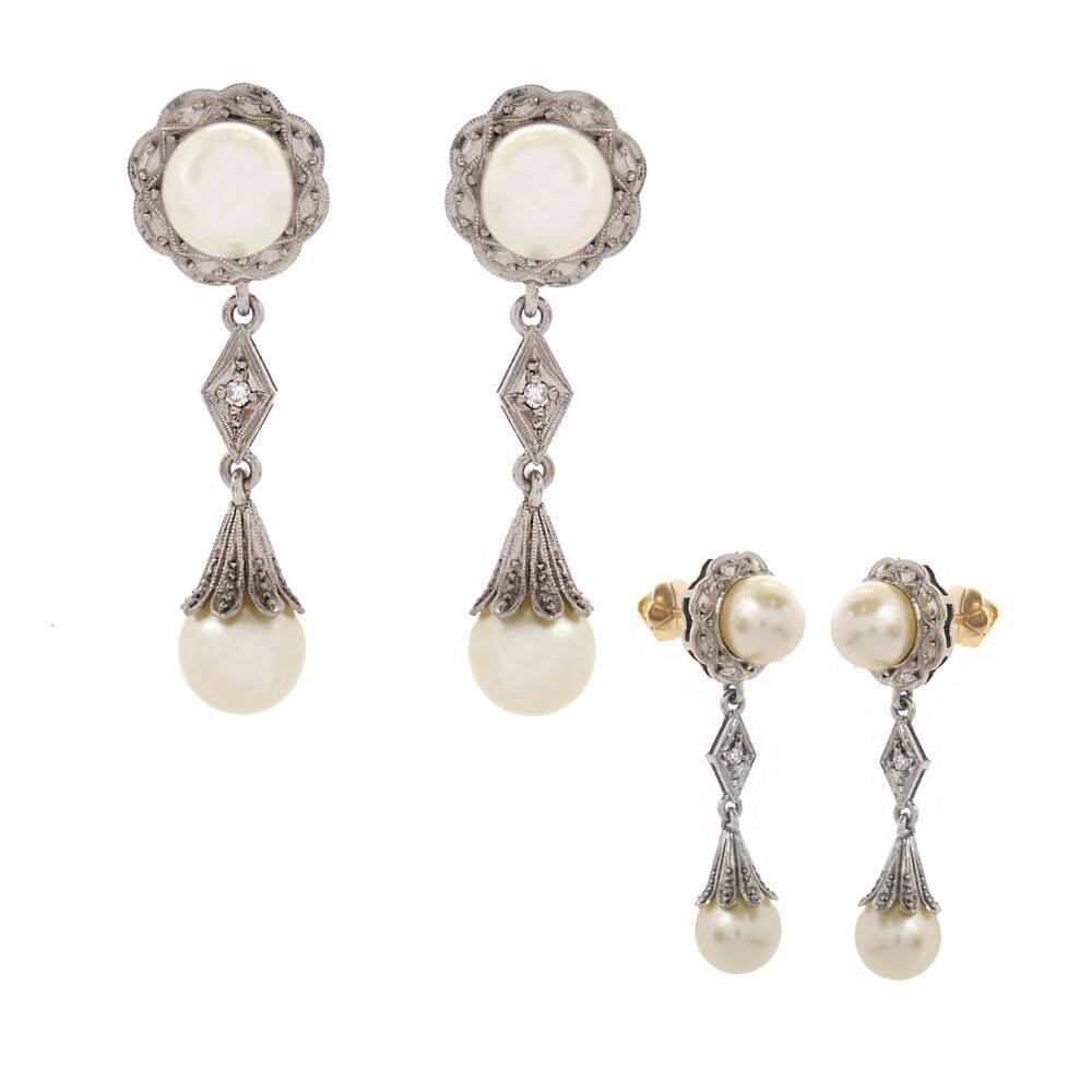 Brinco Pendente Frances Antigo Perolas Naturais Ouro Branco