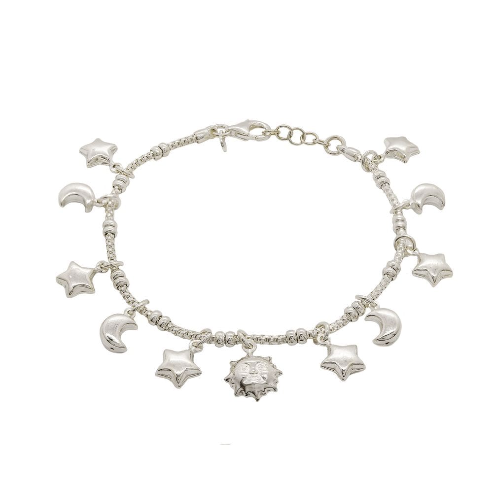 Pulseira Prata Berloques Estrelas Sol Lua Delicada 19,5cm