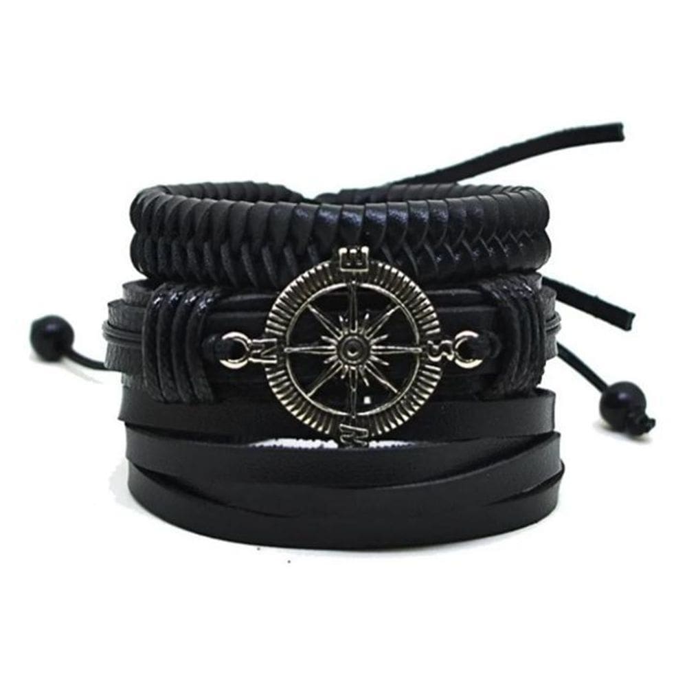 Pulseira Masculina Bússola Trança Social Tiras Kit 3 Peças