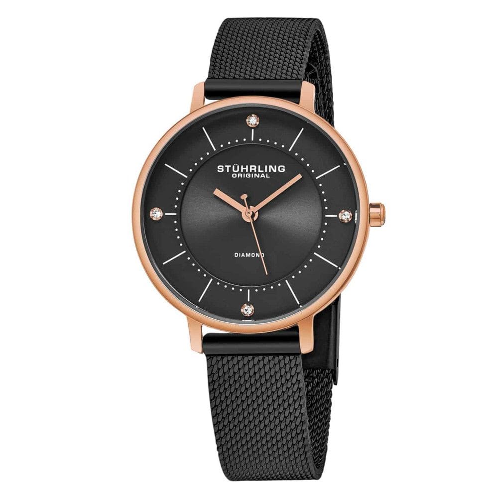 Relógio Juno 659: design clássico de 34mm com mostrador cinza metálico e pulseira de aço inoxidável preta com fivela dobrável.