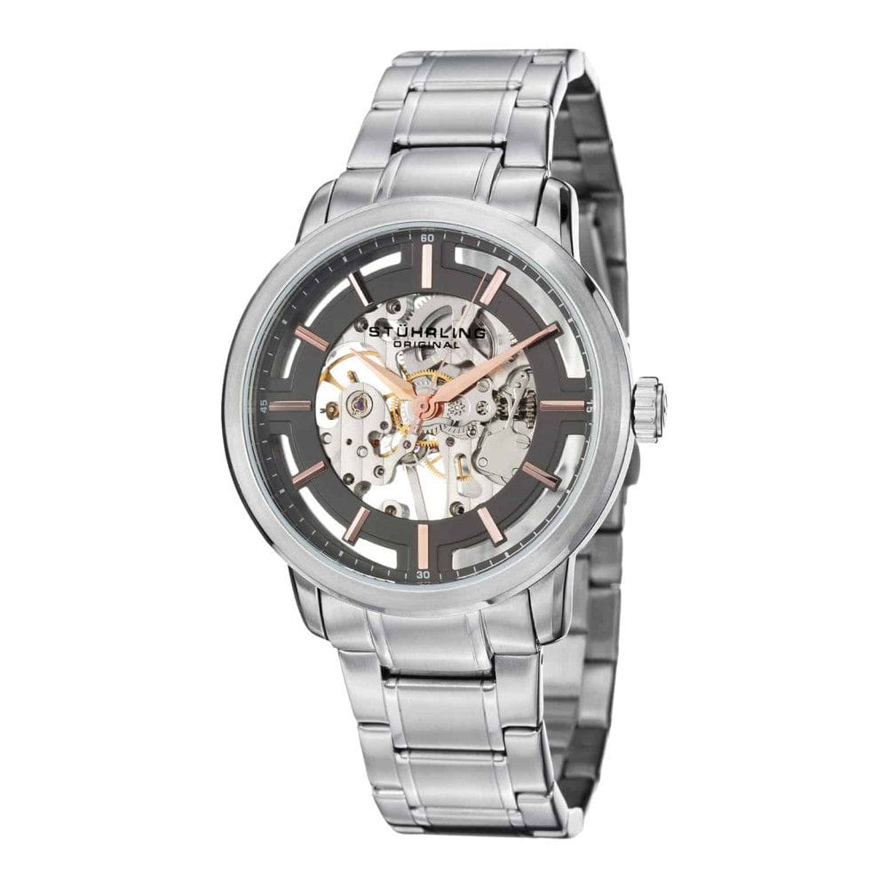Relógio Winchester Pro 394, corda manual 43mm, mostrador cinza e prata, fivela de aço inoxidável, Stuhrling