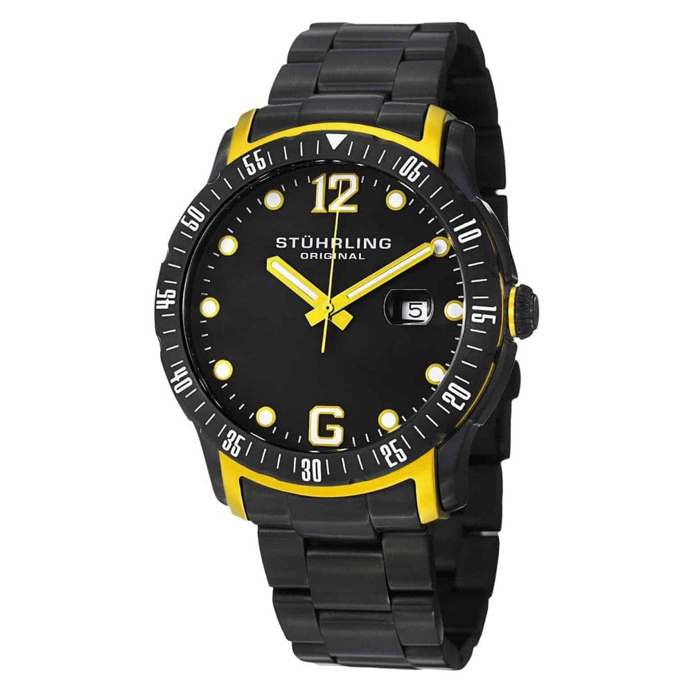 Relógio de pulso Trofu 421 45mm com mostrador preto e acabamento PVD preto, fivela de aço inoxidável, Stuhrling.