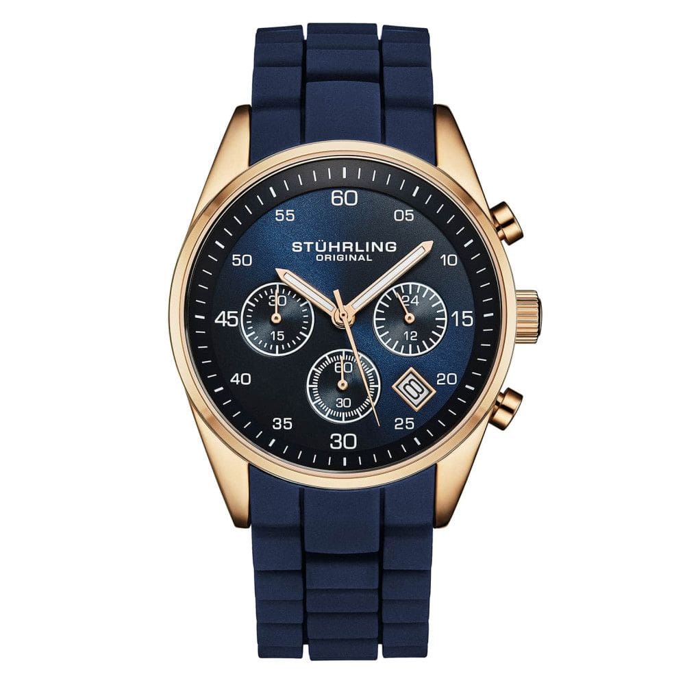 Relógio Chronograph 42mm com Mostrador Azul, Caixa em Ouro Rosa e Pulseira de Silicone Azul, Stuhrling.