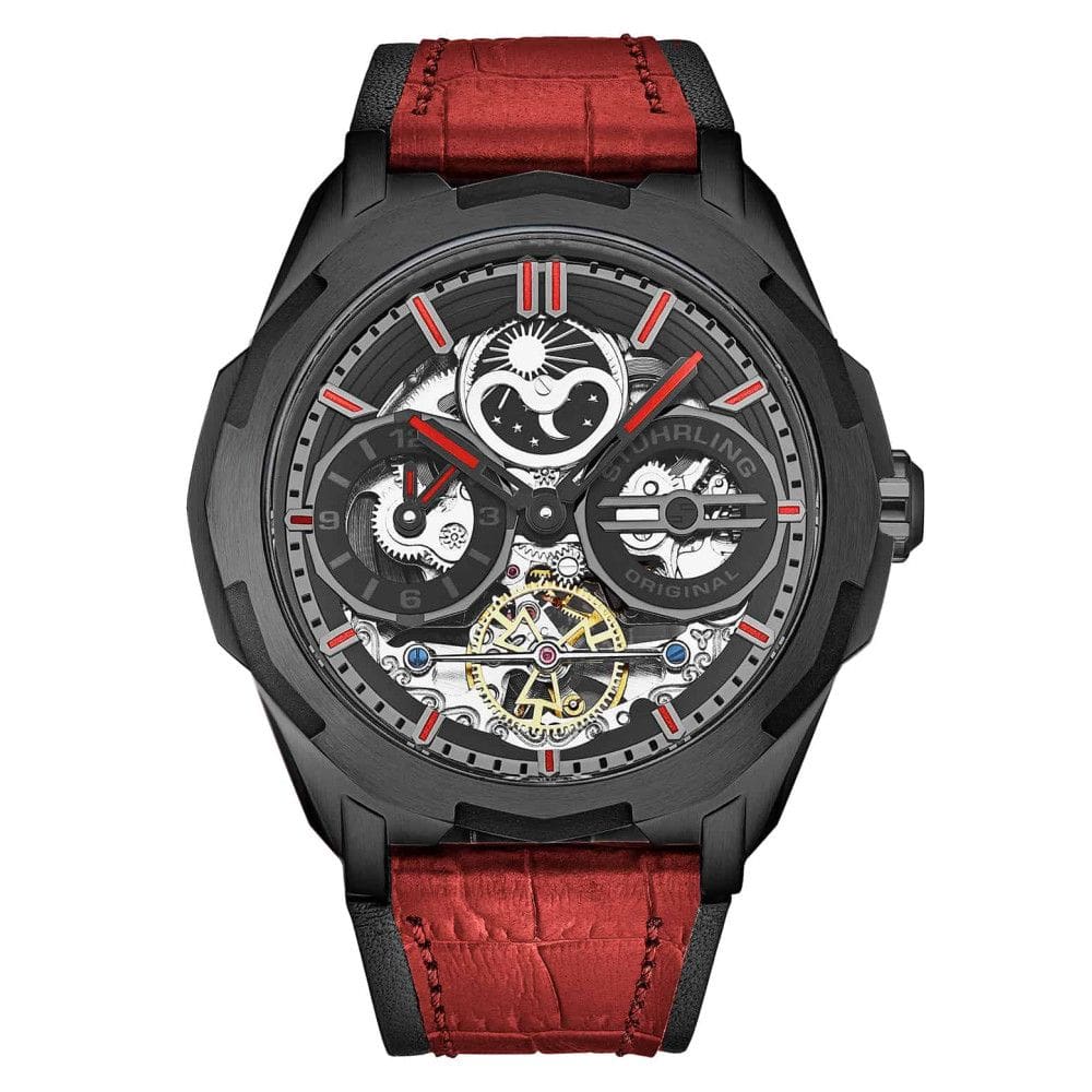Relógio Automático Navigator 46mm Dual Time com Mostrador Preto e Pulseira Vermelha - Stuhrling