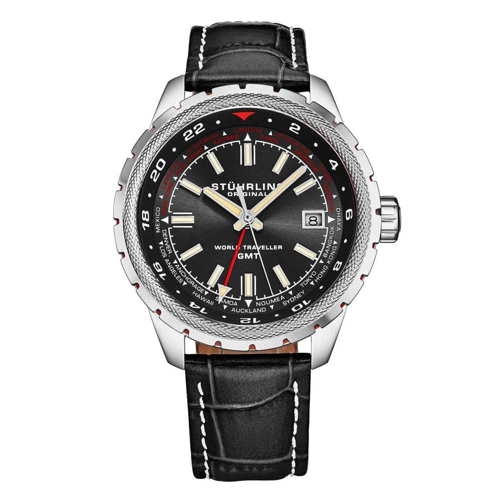 Relógio Global Voyager 1014 GMT 42mm - Preto Azeviche, Stuhrling: Cronômetro Mundial e Estilo Sofisticado.