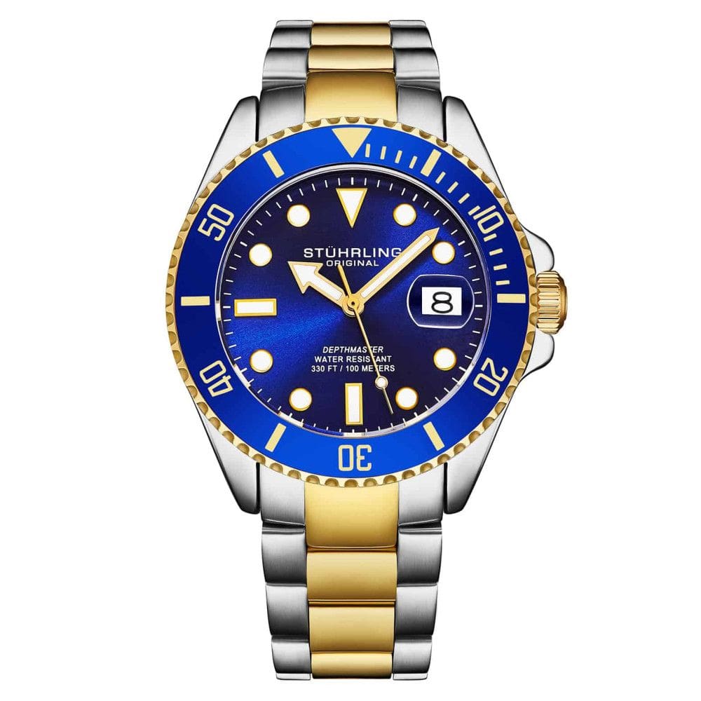 Relógio de mergulho suíço Depthmaster 40mm com pulseira de aço inoxidável prateada e dourada e mostrador azul. Marca Stuhrling.