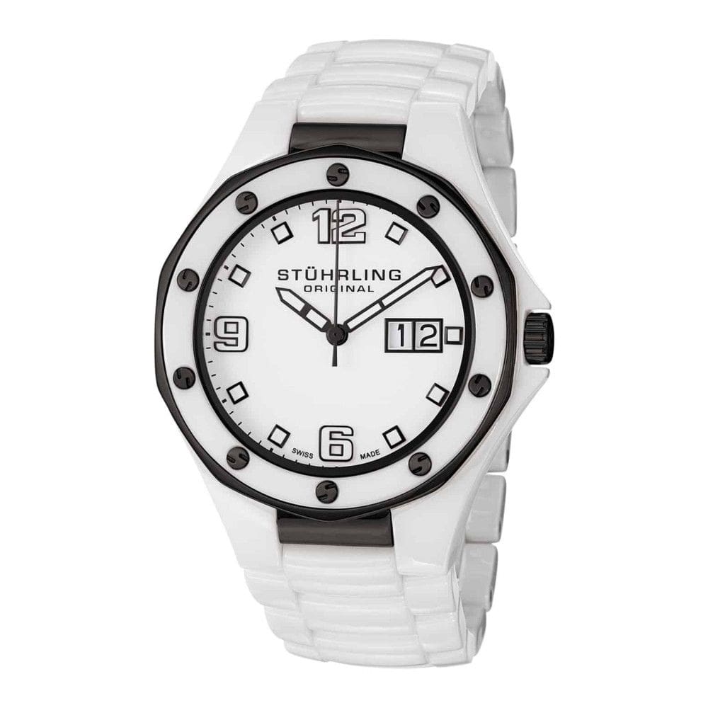 Relógio Aviador Apocalipse Noir 154 43mm com Mostrador Branco e Fivela de Pulseira de Cerâmica Branca da Stuhrling.