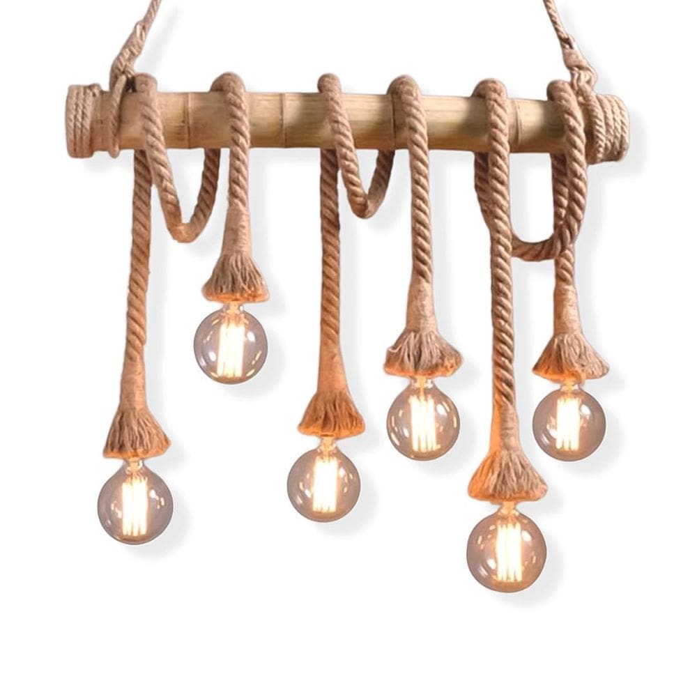 Kit Lustre Pendente Corda E Bambu 6 Soquetes + Lampada
