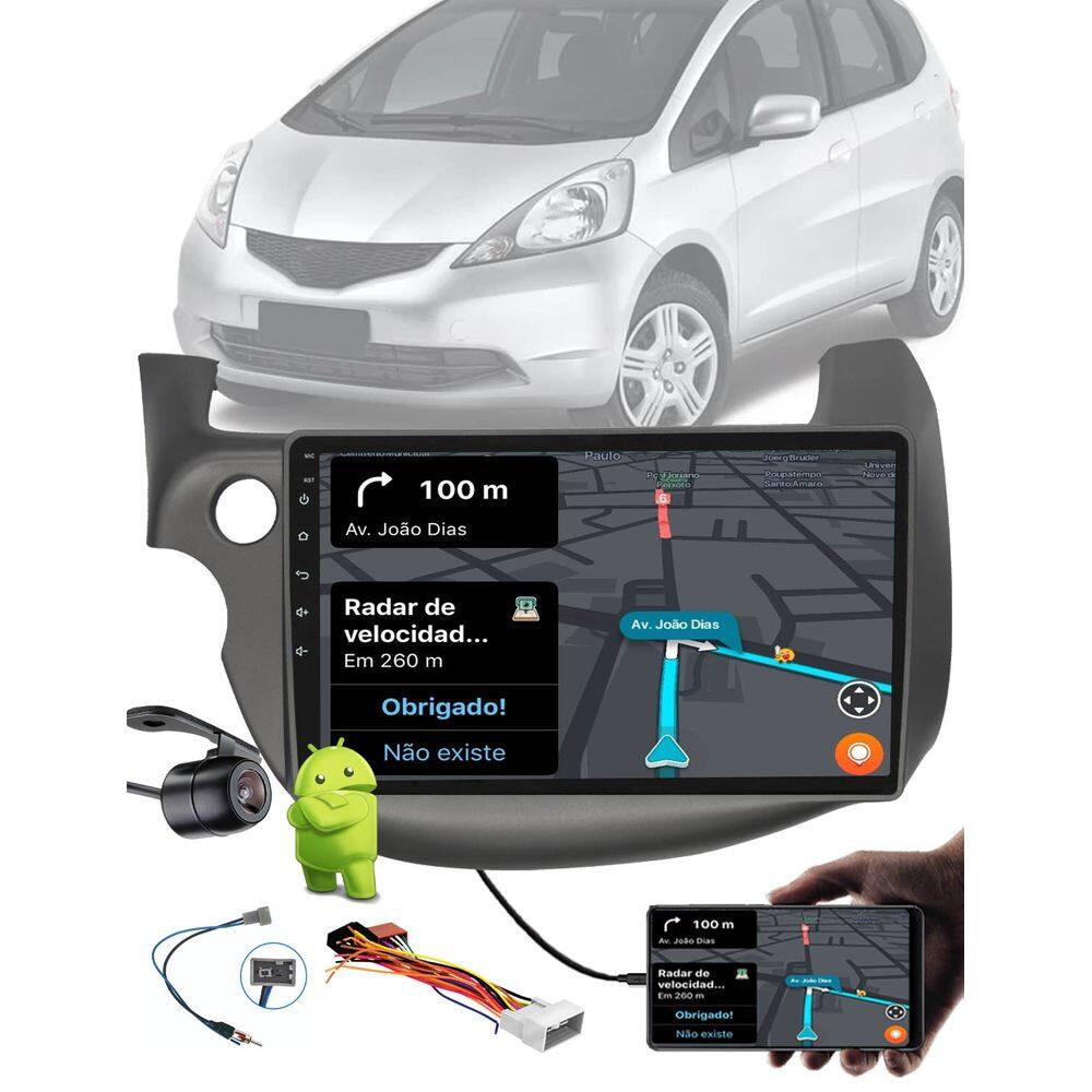 Multimídia 10" Polegadas Android Fit 2008 até 2013 + Câmera de Ré + Moldura + Chicote de ligação + Adaptador de Antena