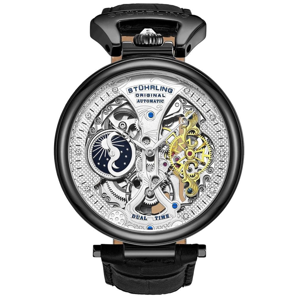 Relogio Homem, Masc.Automático Couro Dual Time AM, PM Sol, Lua 50M Mergulho, STUHRLING 3920.4, Preto