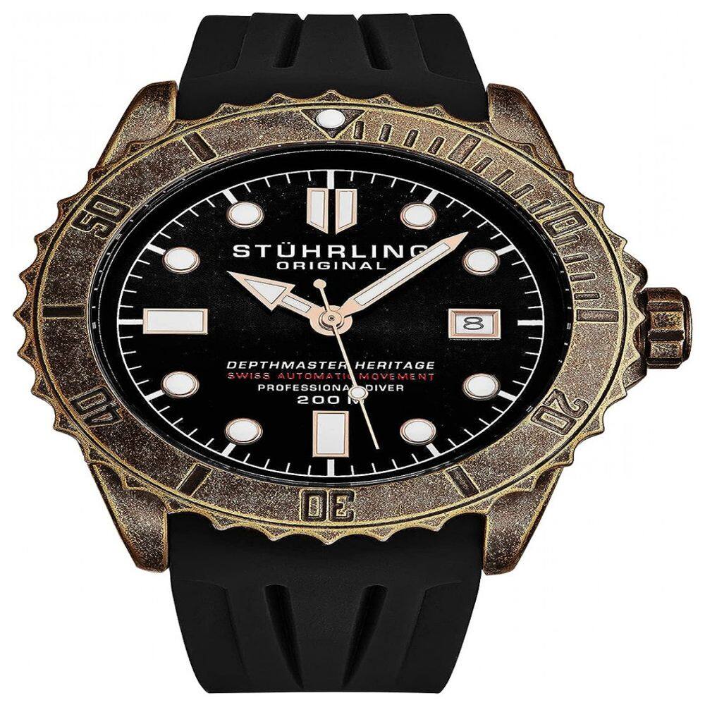 Relógio Masculino Automático com Pulseira de Borracha, Modelo 1003,01, STUHRLING 1003.01, Preto