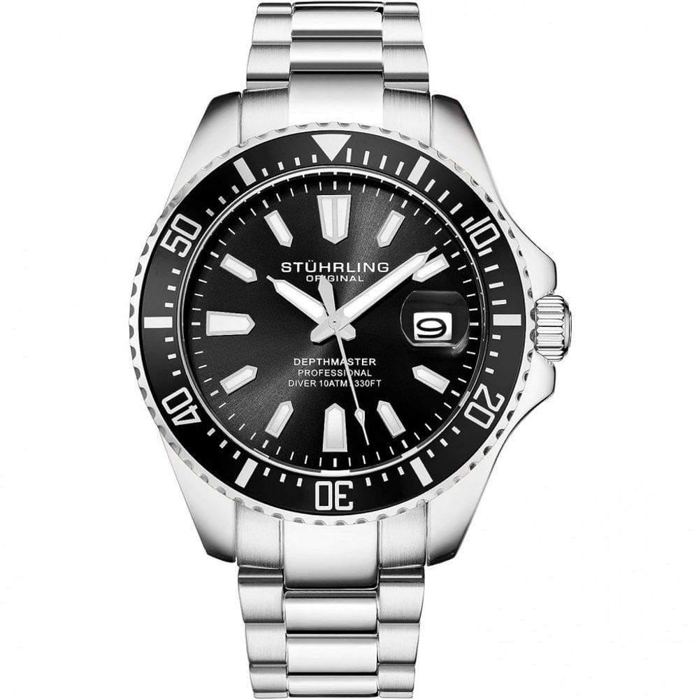 Relógio Masculino Pro Diver Watch Mergulho Coroa de Parafuso 100M Movimento de Quartzo, STUHRLING 3950A.1, Prateado