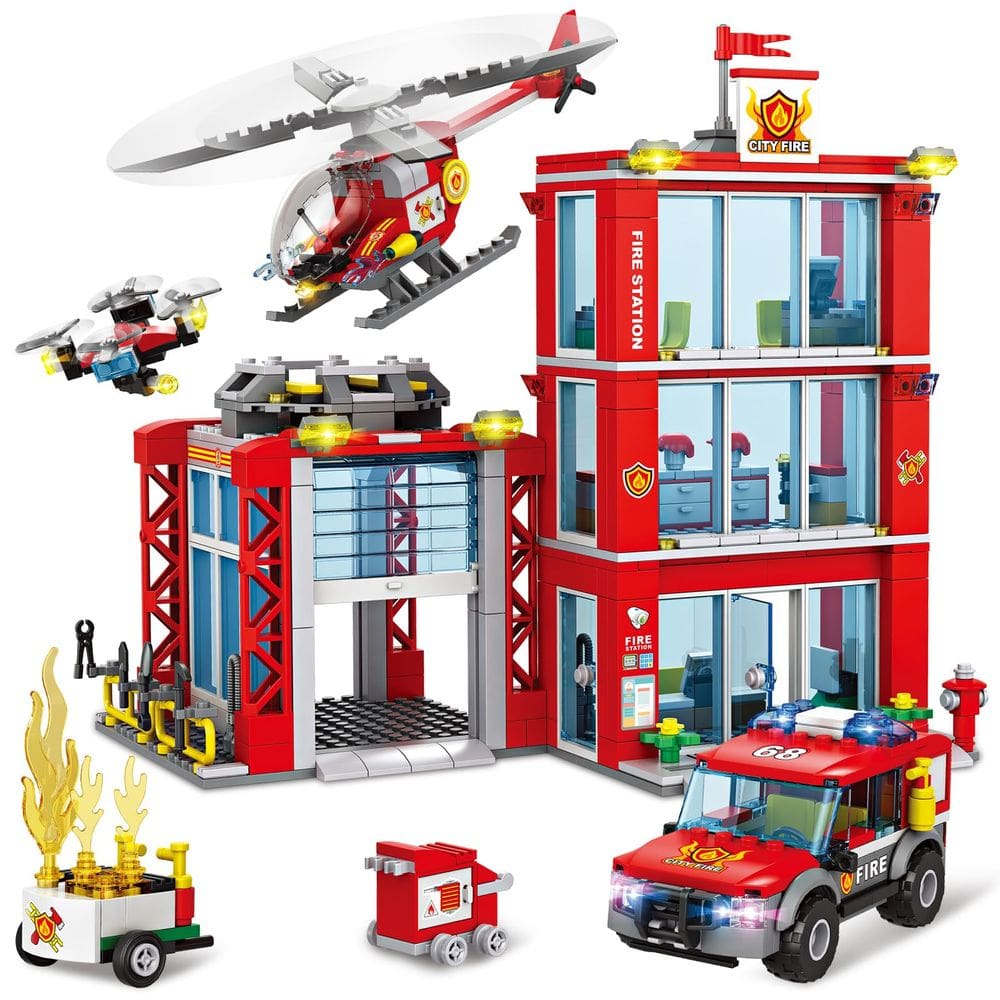 Conjunto de blocos de construção do quartel de bombeiros da cidade com caminhão de bombeiros e helicóptero