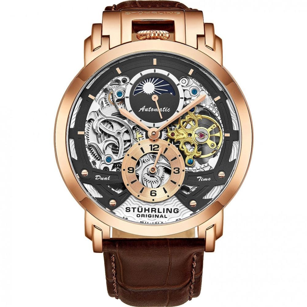 Relógio Masculino Analógico Automático em Aço Inoxidável e Pulseira de Couro, 906,04, STUHRLING 906.04, Marrom